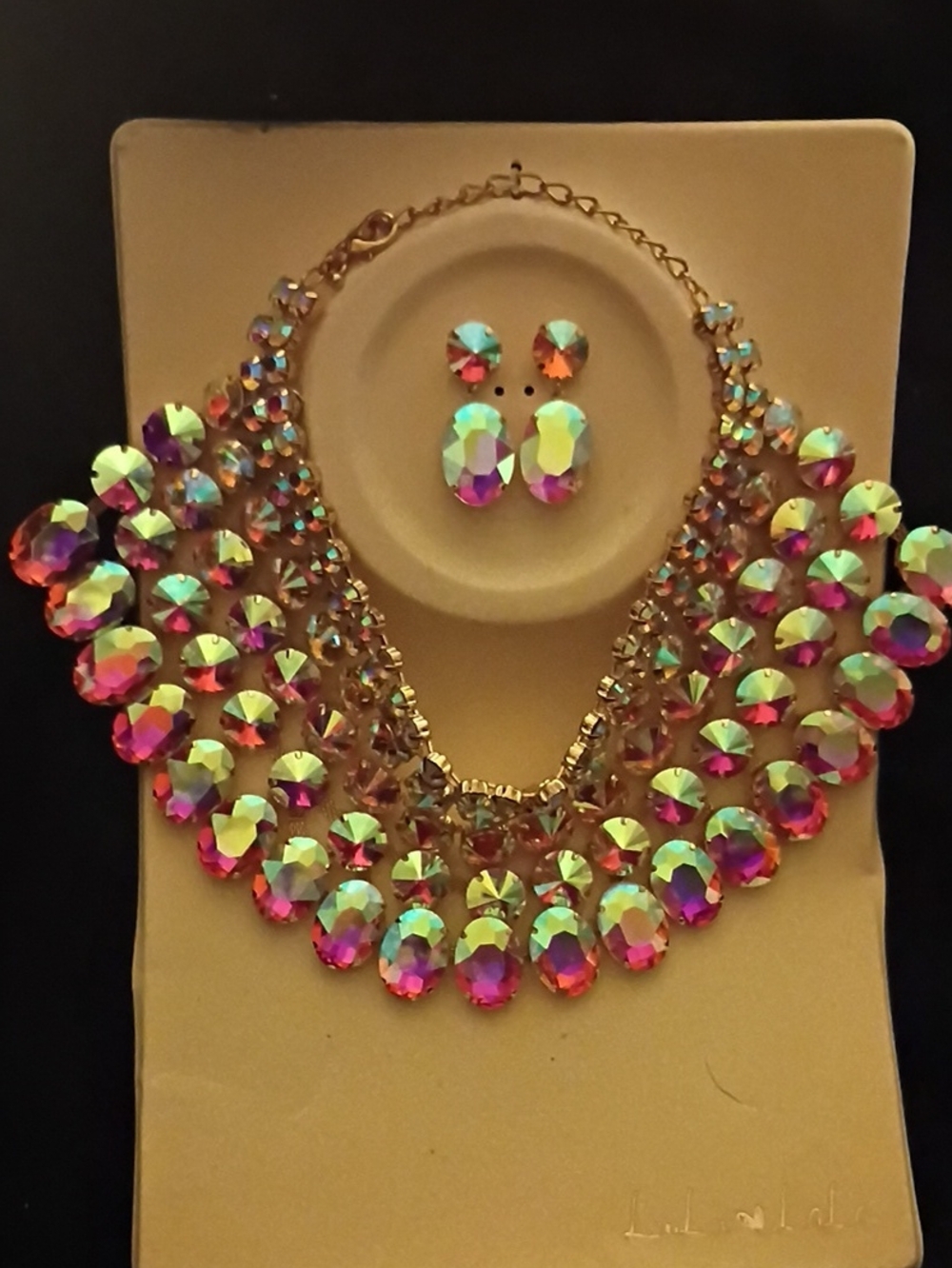 Iridescent Multicolor Crystal Bib Necklace and Earring Set